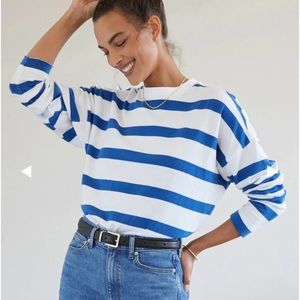 AYR Early Mornings Tee, Blue and White Stripe, Size Medium